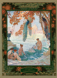 O. Guillonnet 1926 "Baigneuses", Nudes, Swan, Peacock, Bathing Beauties