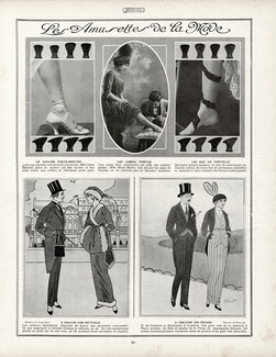 Amusettes de la mode 1913 Soulier porte-montre, Mado Minty, Bas de dentelle, Cockneys londoniens, Gilet féminin, André Pécoud & Touraine