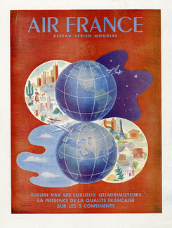Air France 1949 Réseau Aérien Mondial, Atelier Perceval, poster art