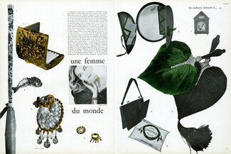 René Boivin (Poisson, Bélier), Étui à cigarettes Boucheron, Jean Parmentier (photo), Bagues Sterlé, Miroir Dior, Éventails Oscar... 1955 Photos Gérard Martinet
