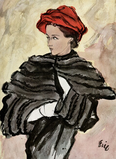 Eric (Carl Erickson) 1947 Red velvet toque, Varia Timour, fur coat Poliakoff