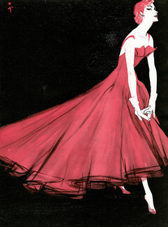 Lanvin Castillo 1955 Tulle de Dognin, René Gruau, Evening Gown, Fashion Illustration