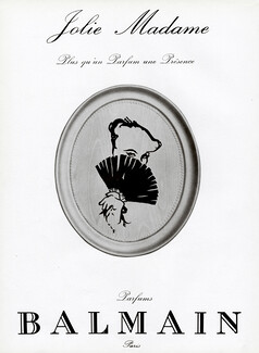Pierre Balmain (Perfumes) 1963 Jolie Madame, hand fan, René Gruau