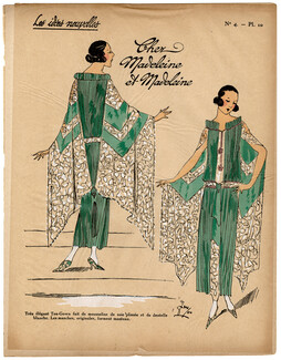 Les Idées Nouvelles de la Mode, circa 1922 Madeleine & Madeleine, Tea-gown, Lace Sleeves, Fashion Art Deco Pochoir on Chinese Paper