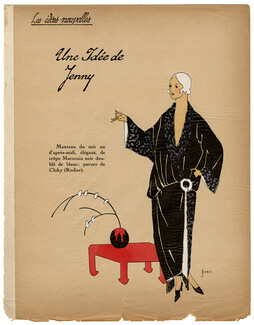 Les Idées Nouvelles de la Mode, circa 1922 Jenny, Rodier, Evening Coat, J. Dory, Fashion Art Deco Pochoir on Chinese Paper