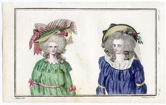 Magasin des Modes Nouvelles Françoises et Angloises 1787 cahier n°10, plate n°3, Mitan, Hairstyle, Hats