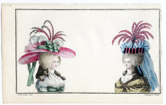 Magasin des Modes Nouvelles Françoises et Angloises 1787 cahier n°11, plate n°3, Charpentier, Hairstyle, Hats