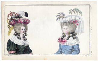 Magasin des Modes Nouvelles Françoises et Angloises 1787 cahier n°12, plate n°2, Williame, Hairstyle, Hats