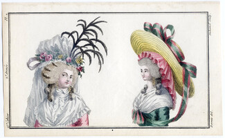 Magasin des Modes Nouvelles Françoises et Angloises 1787 cahier n°15, plate n°2, Desrais, Hairstyle, Hats