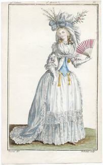 Magasin des Modes Nouvelles 1787 cahier n°19, plate n°1, Claude-Louis Desrais, Dress, Fan