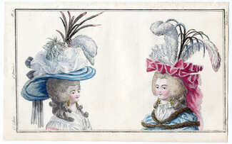 Magasin des Modes Nouvelles Françoises et Angloises 1787 cahier n°6, plate n°1 Hairstyle Hats, Desrais
