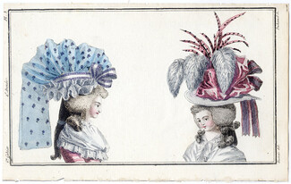 Magasin des Modes Nouvelles Françoises et Angloises 1787 cahier n°6, plate n°3 Hairstyle Hats, Desrais