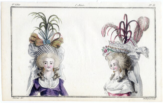 Magasin des Modes Nouvelles Françoises et Angloises 1787 cahier n°8, plate n°2, Desrais, Hairstyle