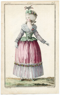 Magasin des Modes Nouvelles Françoises et Angloises 1787 cahier n°9, plate n°1, Desrais, Ball Gown