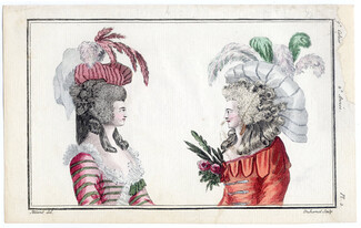 Magasin des Modes Nouvelles Françoises et Angloises 1787 cahier n°9, plate n°2, Desrais, Hairstyle, Hats