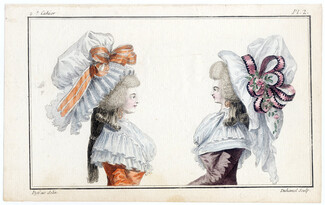 Magasin des Modes Nouvelles Françoises et Angloises 1786 cahier n°2, plate n°2 Hairstyle Hats