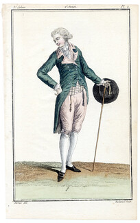 Magasin des Modes Nouvelles Françoises et Angloises 1786 cahier n°3, plate n°2, Desrais, Man, Tail Coat, Shoes