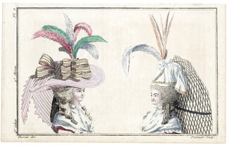 Magasin des Modes Nouvelles Françoises et Angloises 1786 cahier n°4, plate n°3 Hairstyle Hats, Desrais