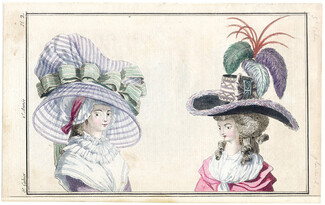 Magasin des Modes Nouvelles Françoises et Angloises 1786 cahier n°5, plate n°3 Hairstyle Hats, Desrais