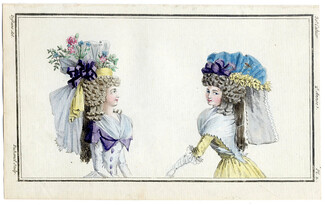 Magasin des Modes Nouvelles 1787 cahier n°30, plate n°2, Defraine, Hats, Hairstyle