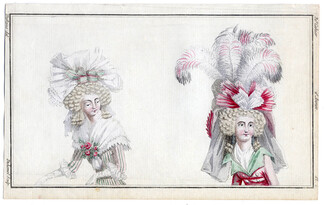 Magasin des Modes Nouvelles 1787 cahier n°31, plate n°2, Defraine, Hats, Hairstyle
