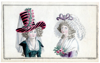 Magasin des Modes Nouvelles 1787 cahier n°34, plate n°3, Defraine, Hats, Hairstyle