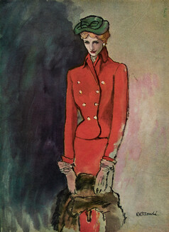 René Bouché 1948 Red Suit, Fashion Illustration