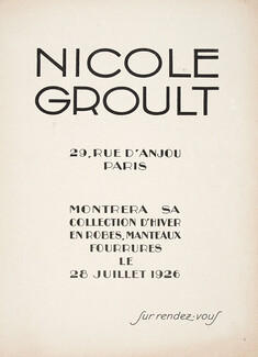 Nicole Groult 1926 Label, Address: 29 rue d'Anjou, Paris