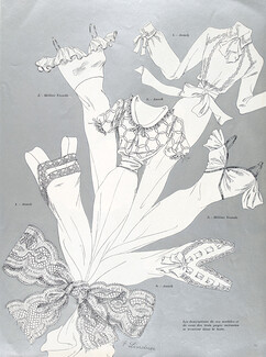 Nightgowns 1938 Annek, Hélène Yrande, etc... Drawings by E. Lindner, Silver ink, 4 pages, 4 pages
