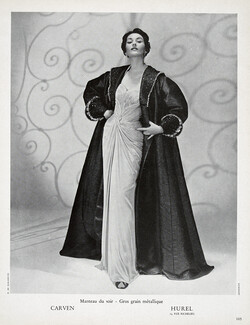 Carven 1951 White Evening Gown, black coat, Photo Seeberger