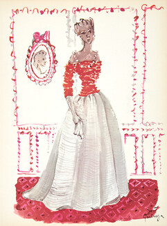 Balenciaga 1956 Evening Gown, Fashion Illustration, José Guinoga