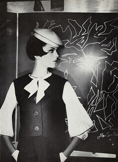 Pierre Cardin 1964 Silk Blouse, Suit, Béret, Background: Jean Cocteau drawing, Orphée, Photo Hiro