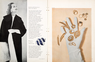 The Flattering Present 1956 Bogoff, Barnett, Tiffany, Van Cleef & Arpels, Cartier, Olga Tritt, David Webb, Buccellati, 6 pages, Photo John Stewart, 6 pages
