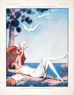 Georges Pavis 1928 "Un Rêve Rose...", French Riviera, Seashore, Angel, Dream