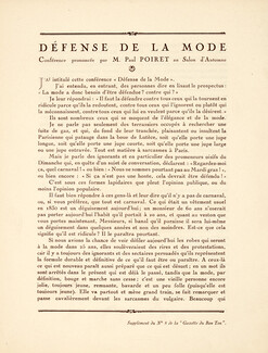 Paul Poiret 1920 "Défense de la Mode" Conférence prononcée par M. Paul Poiret au Salon d'Automne, 4 pages, Text Paul Poiret, 4 pages