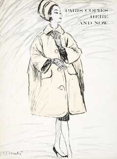 Christian Dior 1959 Bravura Coat, René Bouché, Fashion Illustration