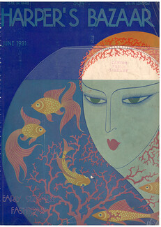 Harper's Bazaar June 1931 Erté Cover, Aquarium, Goldfish, Red fishes, Art Deco