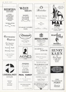 Redfern, Welly Soeurs, Alexandrine, Max Furs, Germaine Guérin, Marthe Collot, Agnès, Paul Caret, Louiseboulanger, Henry Kahn 1927 Small adverts