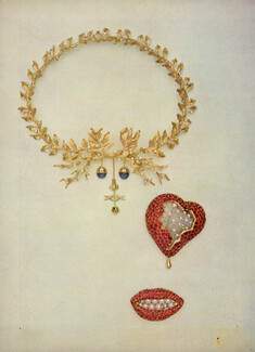 Salvador Dali's Surrealist Jewels 1949 The Tree of Life Necklace, Broken Heart Clip, Lips Clip, Alemany and Ertman, Photo Grisby