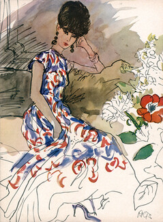 Scaasi 1961 Long Evening Dress, Silk, Liberty of London print, René Bouché