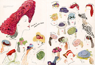 Marcel Vertès 1942 Pick a Pretty Hat, Sally Victor, Jeanne Rousseau, Helen Liebert, Milgrim, Fred Lacome, Janet Fifth Avenue...