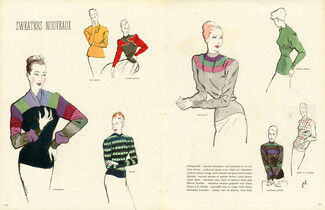 Sweaters Nouveaux 1948 Schiaparelli, Hermès, Anny Blatt, Marcel Rochas... Fashion Illustration by Jeb
