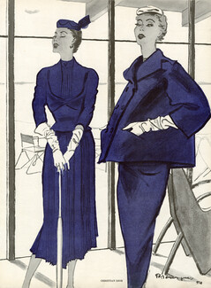Pierre Balmain, Christian Dior 1954 Bleu Marine, Robe deux-pièces, Paletot Court, Pierre Mourgue