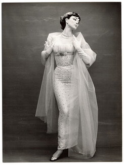 Nina Ricci 1957 Original Photography, "Comète", Embroidered Evening Gown, Photo Louis-R. Astre