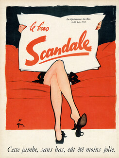 Scandale (Stockings) 1952 "Cette jambe, sans bas, eût été moins jolie", La Quinzaine du Bas, René Gruau