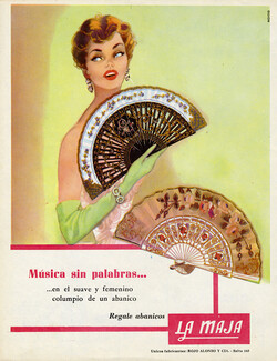 La Maja (Abanicos) 1955 Hand Fan, Rojo Alonso y Cia, Argentina