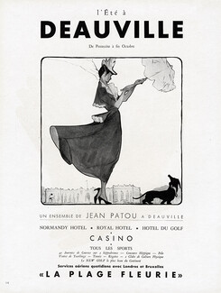 Deauville 1948 Casino, La Plage Fleurie, Ensemble de Jean Patou, Teckel Dog, René Gruau