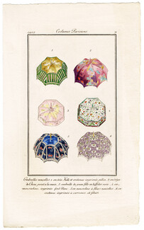 1912 Journal des Dames et des Modes Costumes Parisiens Pochoir N°9 Ombrelles Nouvelles