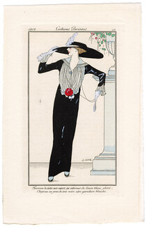 Francisco Javier Gosé 1912 Journal des Dames et des Modes Costumes Parisiens Pochoir N°13 Fourreau de satin noir
