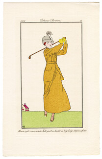 Bernard Boutet de Monvel 1912 Journal des Dames et des Modes Costumes Parisiens Pochoir N°16 Blouse à plis creux, Golf